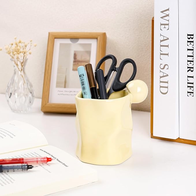 Ceramic Pen Holder for Desk, Pencil Holder Stand, Pencil Cup Pot, Irregular Shape Desktop Organizer for Office, Home, School - Yellow