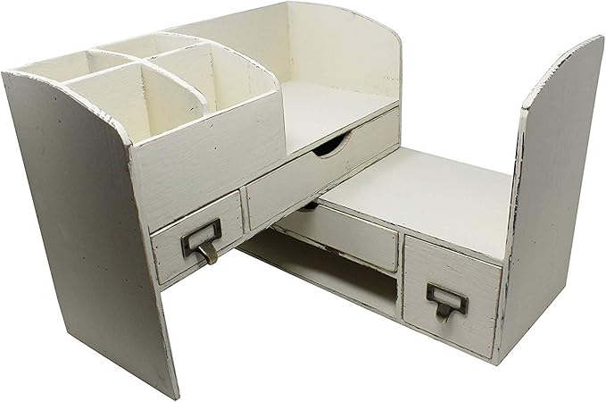 Executive Office Solutions Large Adjustable Wooden Office Desk Organizer For Desktop, Tabletop, or Counter – Wood Storage Shelf Rack – For Office Supplies, Desk Accessories, or Mail - White