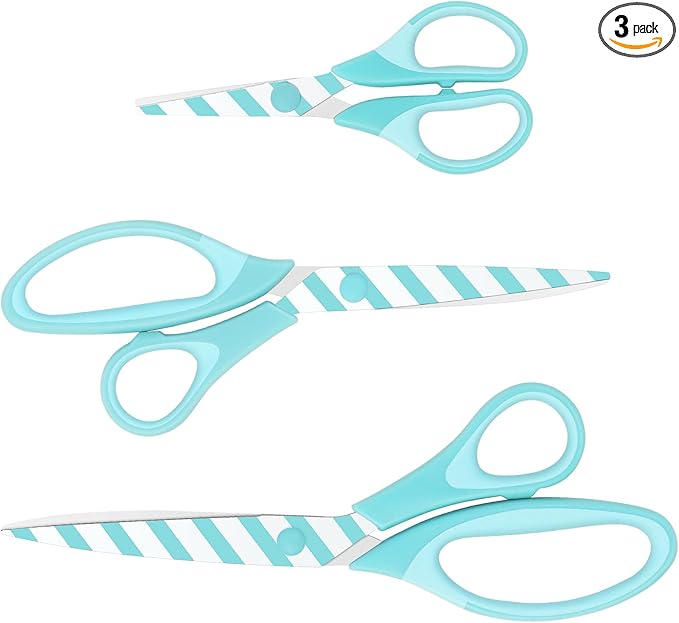 Scissors, Sharp Blades with Pattern, Soft Grip Handle, Multi-Purpose Scissors Set of 3 Suitable for Families, Office, and School Use, Blue