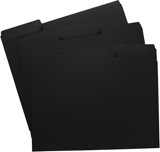 Black File Folders, 1/3-Cut Tabs, Letter Size, 12-Pack – Durable Office Filing Folders for Documents, Papers, and Organization
