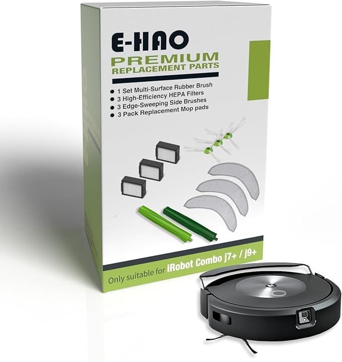 E-HAO Vacuum Replacement Parts for iRobot Roomba Combo j7, j7+, j9, j9+ and Max 10 Model, 1 Set Rubber Roller, 3 Reusable Mopping Pads, 3 HEPA Filters and 3 Edge-Sweeping Brushes