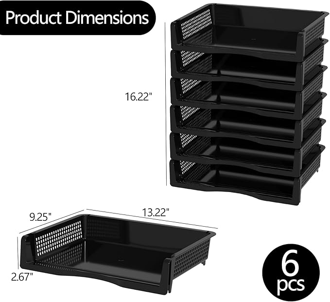 Xyskin 6 Tier Black Plastic Stackable Organizer Trays, Desktop Letter Tray for Office, Home, School