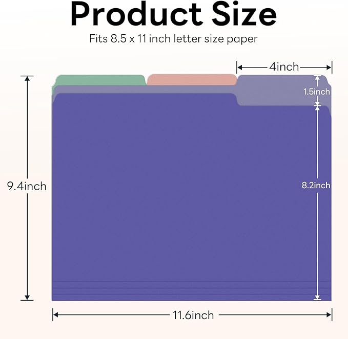 Piasoenc Color File Folders Set of 12, 1/3 Cut Tab, Letter Size Folder for 8.5 x 11 Documents Files, Assorted 6 Colors Filing for Office School Business
