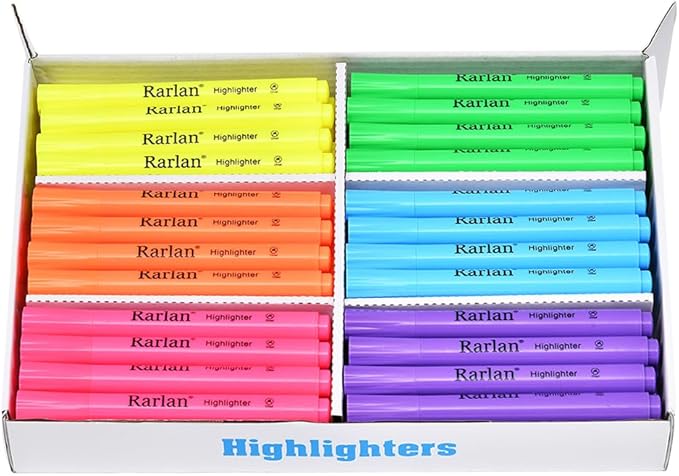 Rarlan Highlighters, Chisel Tip, Assorted Fluorescent, 72 Count Bulk Pack