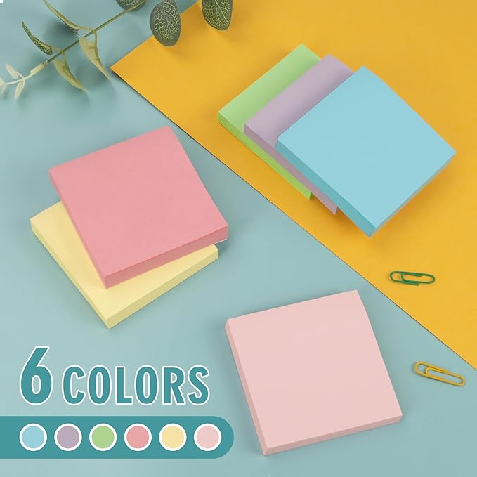 Sticky Notes 3x3 Small Self-Stick Pads, 48 Pads in 6 Pastel Colors, Cute Sticky Notes, Adhesive Memo Pads for Office, Home, School, Meetings, 100 Sheets/Pad
