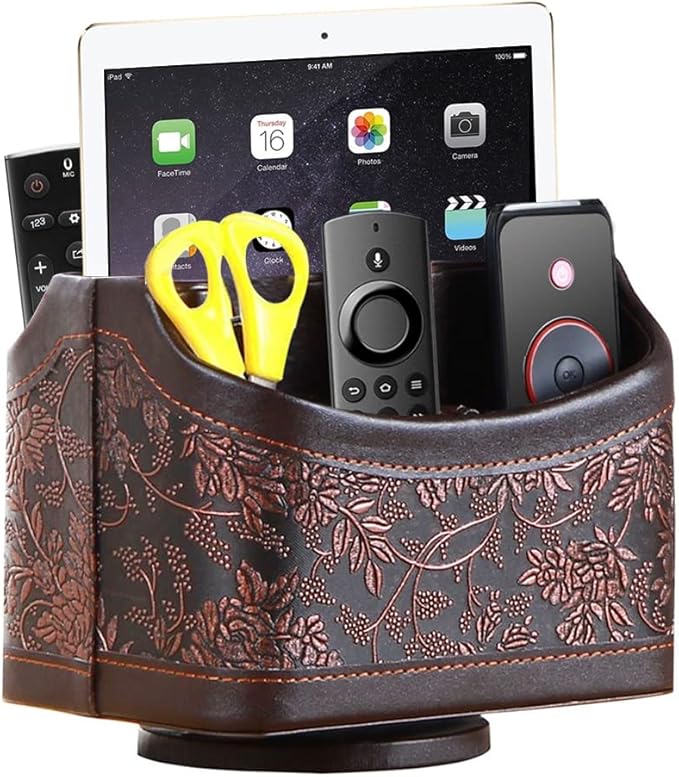 YAPISHI Antique Leather Remote Control Holder, 360 Degree Spinning Desk TV Remote Caddy/Box, Bedside Table Organizer for Controller, Media, Calculator, Mobile Phone and Pen Storage