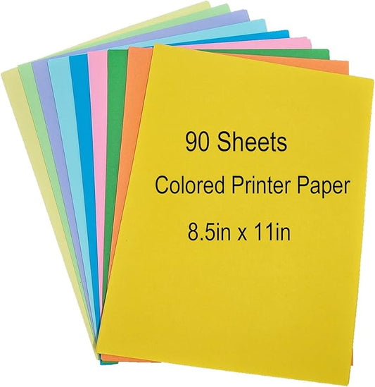 Colored Copy Paper 8.5 x 11 Printer Paper, 90 Sheets Colorful Paper Letter Size, Brightness Rainbow Color Paper for Arts Crafts DIY Origami School Office Supplies(90 Sheets)
