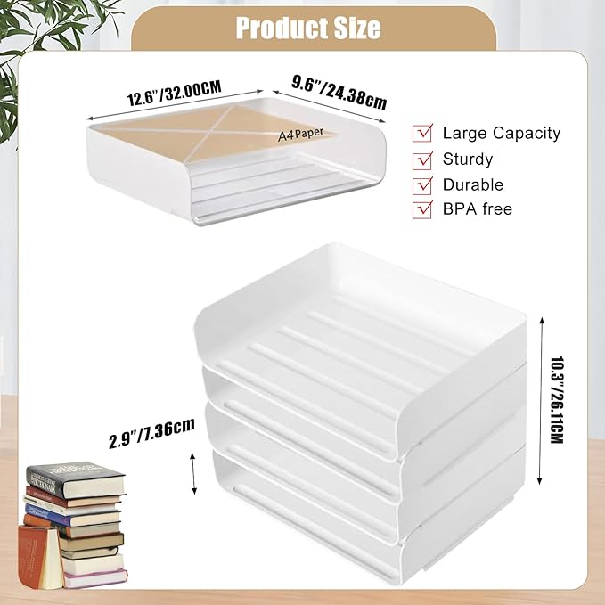 4 Tier Desk Organizer, Stackable Paper Tray Organizer for Document, Letter, A4 File Paper, Desk Accessories, Notes, Pens (White, 4 Pack)