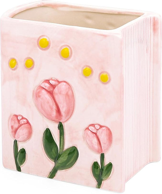 Book Vase Tulip Pencil Cup Pen Holder For Office Desk Decorative Books Pink Flower Vase Cute Toothbrush Holders Home Decor Teacher Book Gifts for Women Small Makeup Brushes Holder