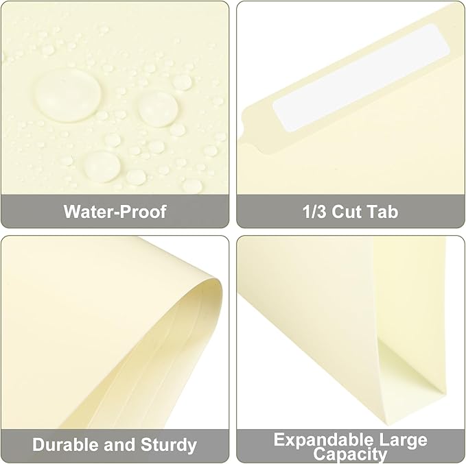 48 Pack Colored Plastic File Folders with Tabs and Sticky Labels Sturdy 1/3 Cut Tab Manila File Folders Letter Size 8. 5 x 11 Inch for Office Home Supplies Organizer Documents(Beige)