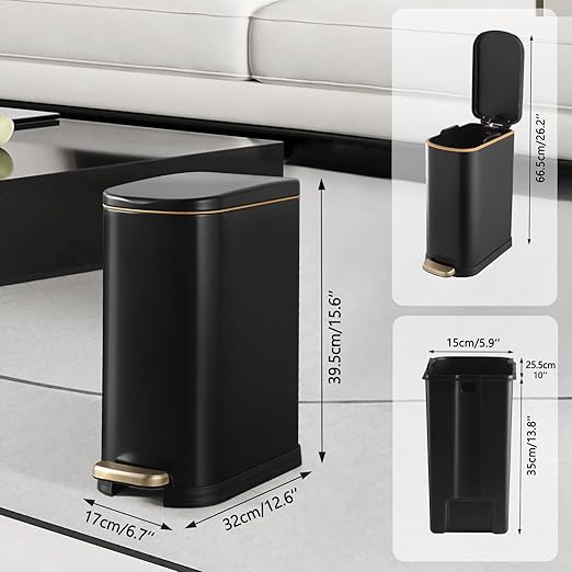 ELPHECO Bathroom Trash Can with Lid Soft Close, 3.5 Gallon / 13.5 Litre Stainless Steel Pedel Garbage Can with Removable Inner Bucket, Wastebasket for Bathroom, Office, Bedroom, Matte Black