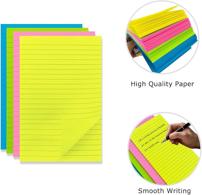 16 Pads Lined Sticky Notes 5 x 8 in, Bright Colors, Colorful Large Sticky Notes with Lines Self-Stick Note Pads for Office School Supplies, 50 Sheets/Pad,16 Pads, 800 Sheets Total, 4A 5084-N-Lx4