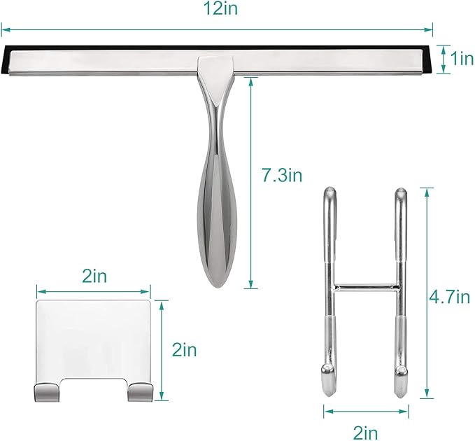 steauty Shower Squeegee for Glass Doors,12-Inch Shower Glass Squeegee, Sliver Shower Squeegee for Shower Doors,Mirror,Windows, with Shower Door Hook and Adhesive Hook