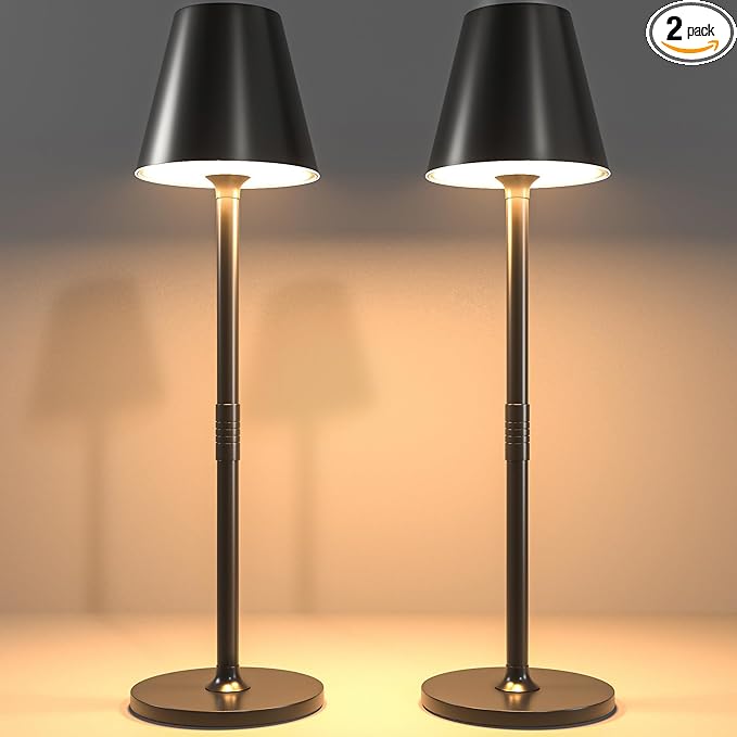2 Pack LED CordlessTable Lamp,4000mAh Rechargeable Battery Desk lamp,3 Level Brightness Night Light,Minimalist Design, for Couple Dinner/Coffee Table/Restaurant/Bedroom(Black 2pack)