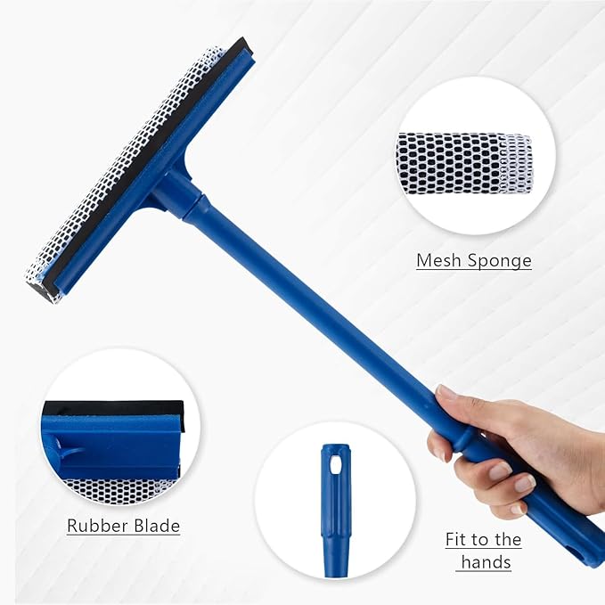 15.9" Window Squeegee for Car,2-in-1 Window Cleaner with Long Stainless Steel Handle, Soft Rubber Blade & Highly Absorbent Sponge – for Showers, Car Windshields, Gas Stations, and Glass