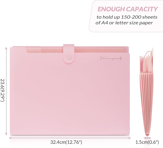 SKYDUE Expanding File Folder, Accordion File Organizer with 8 Pocket & Inner Card Pocket, Expandable Document Paper Receipt Holder for School Office Hospital, Letter/A4 Size Pink