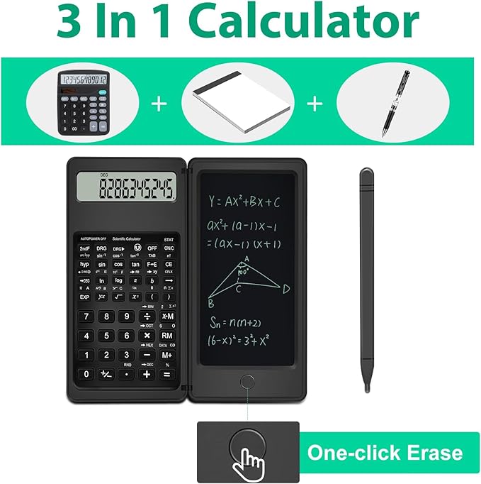 Scientific Calculator with Notepad, TRELC 10 Digits LCD Display Foldable Scientific Calculator, Portable Calculator with Erasable Writing Tablet for Middle School High School Students
