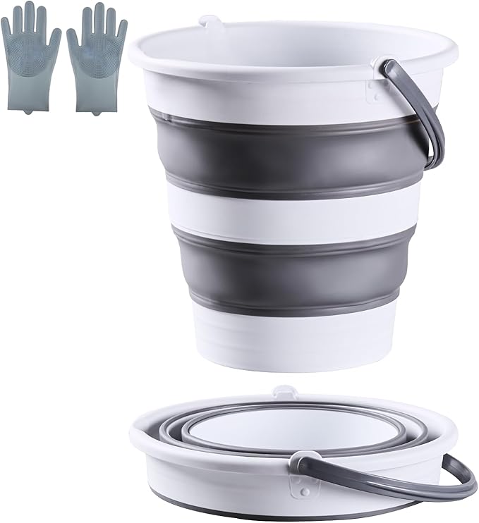 15L/4 Gal Large Collapsible Bucket with Handle - Portable Silicone Mop Bucket for Cleaning, Camping, Car Washing - Space-Saving for Outdoor, Fishing, Household – Pair of Silicone Gloves for Free