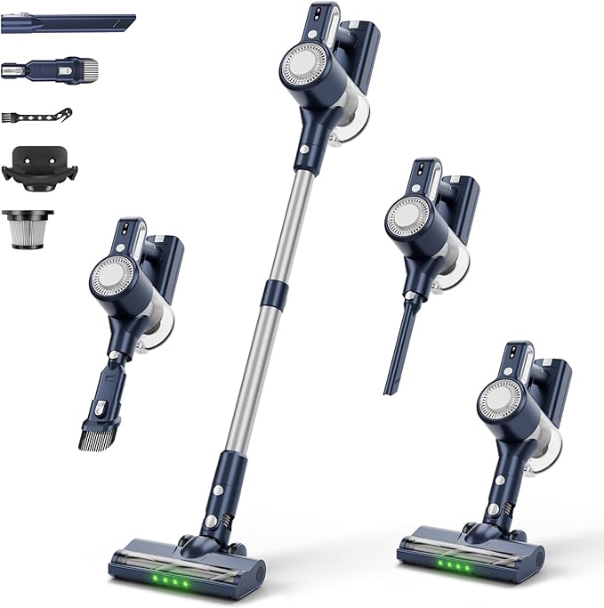 Cordless Vacuum Cleaner, Powerful Suction Vacuum Cleaners for Home, Anti-Tangle Pet Hair Brush, Lightweight, Self-Standing, Green LED Headlight, 6-in-1 Stick Vacuum for Carpet Hardwood Floor-Dark Blue