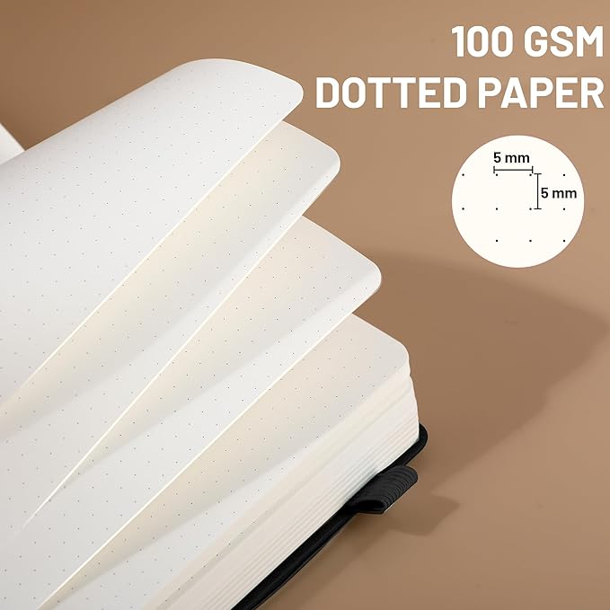 CAGIE Bullet Dotted Journal Notebook 320 Pages 100 GSM Paper Hardcover A5 Dot Grid Notebook Leather Journals for Writing Women Men Work Journaling, Black