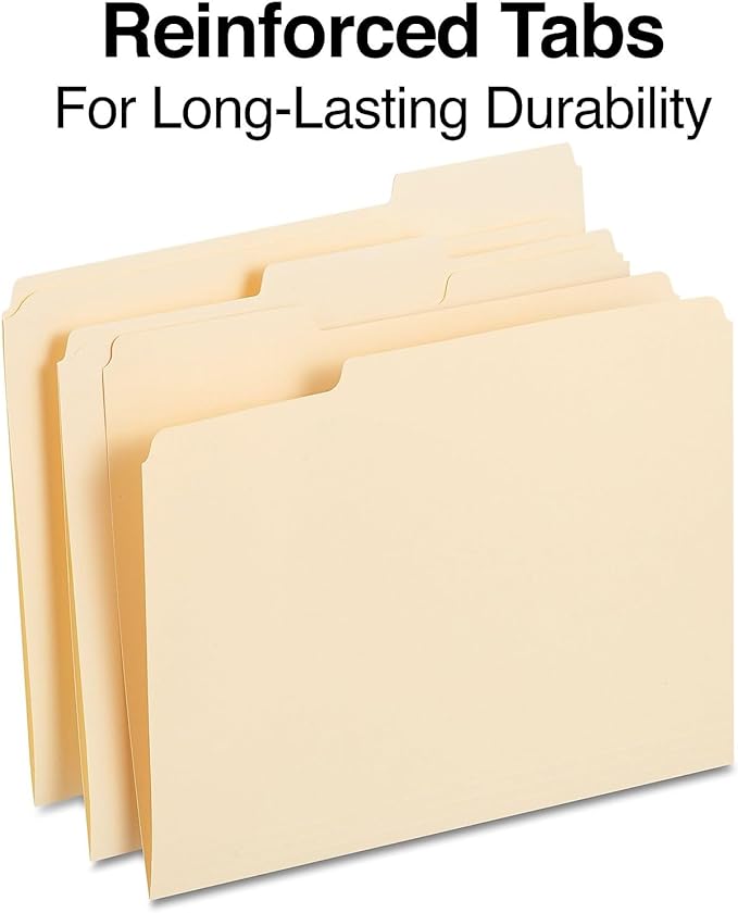 Staples File Folders, 1/3-Cut Reinforced Tab, Assorted Position, Letter Size, Perfect for Home, Office, Classroom, 250-Pack, Manila