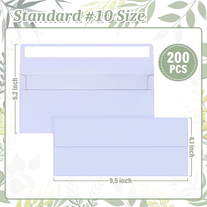 Mulbozy 200 Pcs #10 Business Envelopes, Self Seal Standard Envelopes, Windowless Business Mailing Envelopes for Office Checks Letters Invoices Statements, Size 4-1/8 x 9-1/2 inch (Light Purple)
