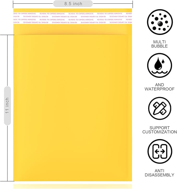 Yellow Kraft Bubble Mailers 8.5"x11" 50 Pack Padded Mailing Envelopes Protective Packaging for Fragile Items, Moisture Resistant, Tear-Proof Shipping Bags