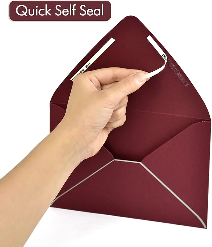 A7 Burgundy Envelopes 5 x 7 With Silver Border - V flap, Quick Self Seal, | Perfect for 5x7 Cards, Weddings, Invitations, Graduation, Baby Shower | 5.25" x 7.25" | 50 Pack (Burgundy-Silver Border)