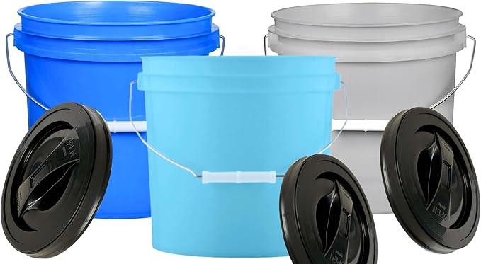 House Naturals 2 Gallon Food Grade Plastic Bucket with Screw on lid- 3 Colors- Made in USA containers- Pack of 3