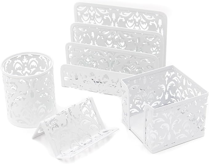 EasyPAG Desk Organizer Set - Pencil Holder Letter Sorter File Holder Business Card Holder and Sticky Note Holder, White