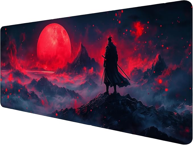 Japanese Samurai Gaming Mouse Pad Desk Pad Red Blood Moon Anime Katana Extended Gaming Mouse Pad Mat with Stitched Edge Non-Slip Base Big Mouse Pad Office Computer Keyboard Laptop Home 31.5"x11.8"