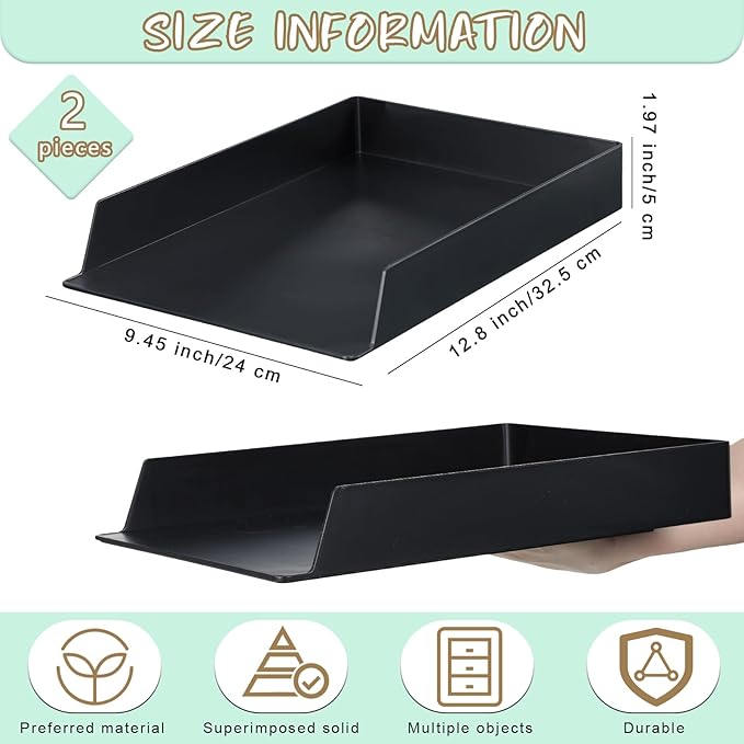 Wenqik 2 Pcs Stackable Paper Trays Rectangular Plastic Desk Holder Desktop Document File Organizer Storage Letter for Office Classroom (Black)