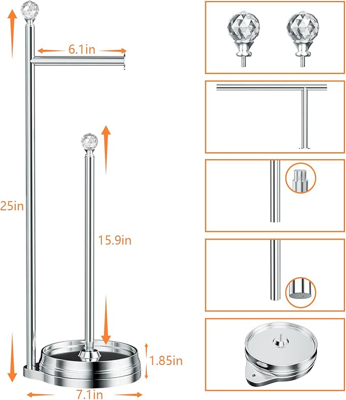 KASUNTO Toilet Paper Holder for Bathroom, Heavy Weighted Metal Free Standing Toilet Paper Holder Stand with Crystal Ball, Toilet Paper Roll Stand for Bathroom Accessories