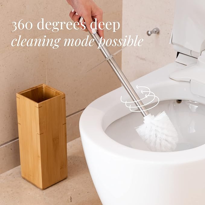 GOBAM Bamboo Toilet Bowl Cleaner with Holder for All Toilet Types - Hidden Stainless Steel Toilet Brush - Bathroom Cleaning Brushes - Toilet Accessories - Natural