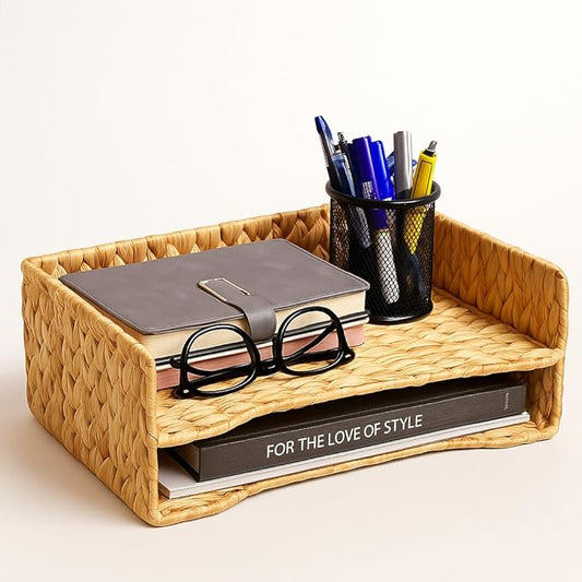 PINXIURY 2-Tier Water Hyacinth Letter Tray – Woven Paper & Mail Organizer for A4 Files, Magazines, Office Documents Desktop File Basket for Home Office Supplies