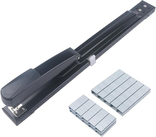 Long Reach Stapler - Office Desktop Stapler with Long Arm, 1000pcs 24/6 & 1000pcs 24/8 Staples (Black, 25/50 Sheets Capacity)