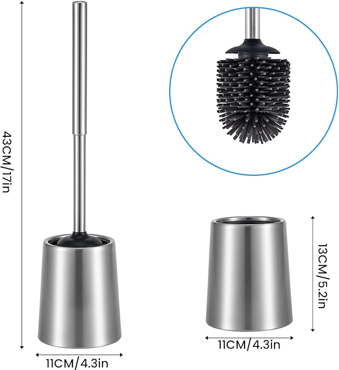 Smartbin Stainless Steel Toilet Brush and Holder Toilet Brush Bowl Cleaning Brush Double Layer Holder Long Brush Handle High Density Silicone Head