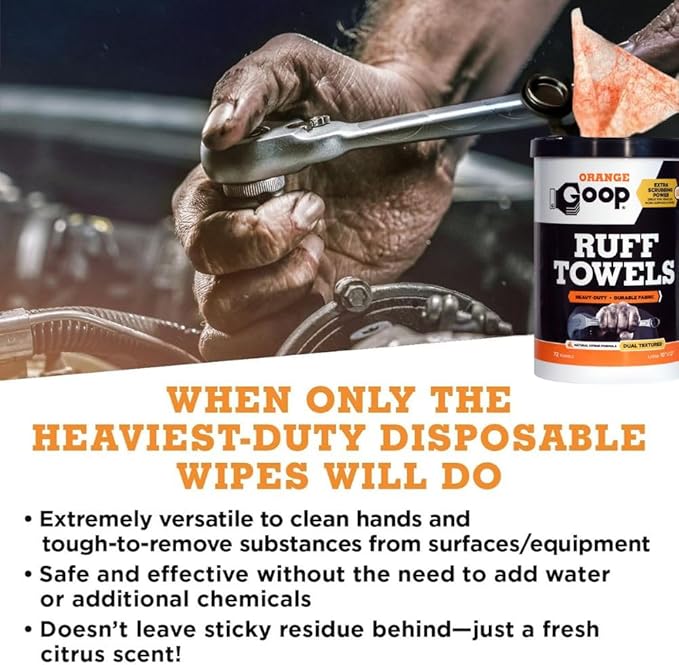 GOOP Heavy Duty Ruff Towels with Scrubbing Power, 10” x 12” Dual Textured Multi-Purpose Cleaning Wipes, Removes Dirt, Grease, Oil - 6 Pack