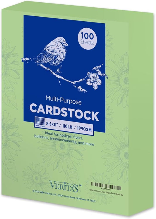 Veritas Mint Green Colored Cardstock, 8.5" x 11" Colored Copy paper, 110LB/199GSM Printer Paper, 100 Sheets (1 Reams), Colored Multi-Purpose Paper, Made in USA