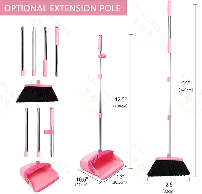 XXFLOWER Broom and Dustpan Set, Dustpans with Broom Combo for Home, Heavy Dust Broom and Dustpan Combo, Long Handle Dust Pan and Broom Set for Kitchen, Office, Pet Hair,Pink, Pack of 1