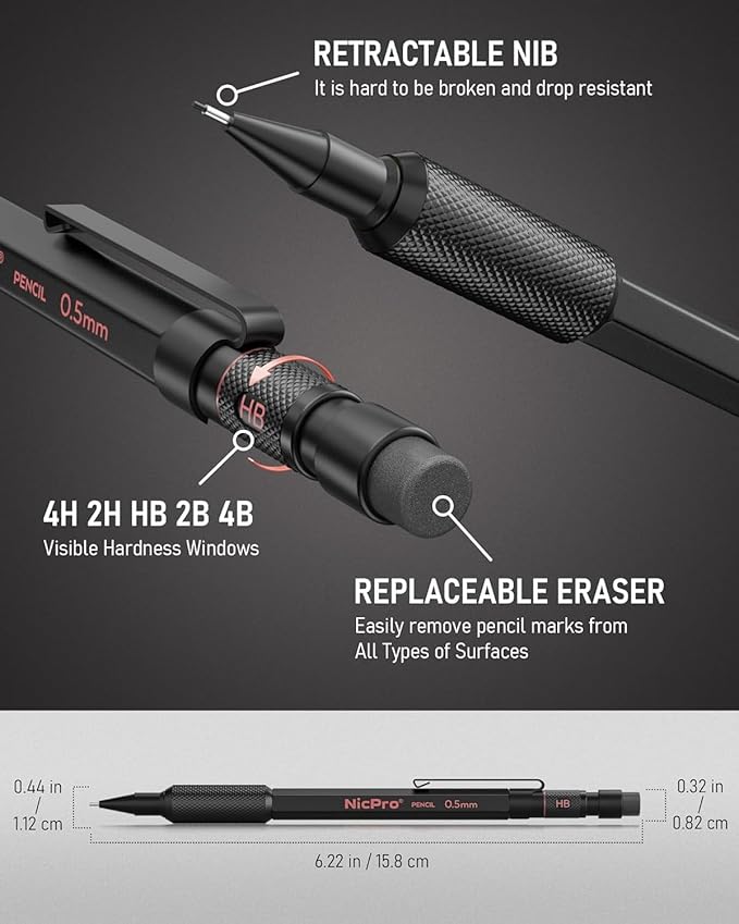 Nicpro 35PCS Art Mechanical Pencil Set, Metal Drafting Pencil 0.5, 0.7, 0.9,1.3 mm & 2mm with 21 Tube Lead Refills(6B 4B 2B HB 2H 4H Colors) Weatherproof Barrel for Outdoor Writing Drawing Sketching