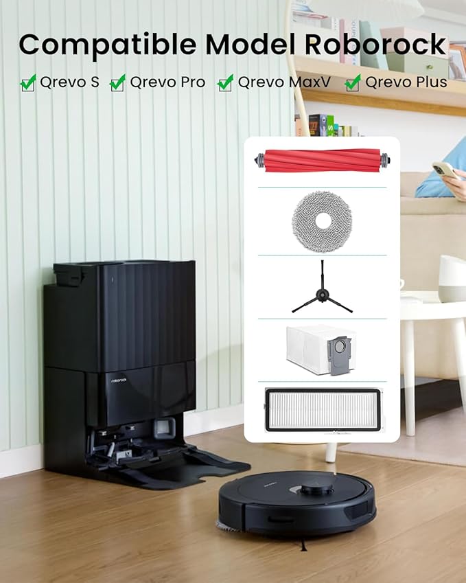 23Pack Qrevo Accessories Kit for Roborock Qrevo S, Qrevo Pro, Qrevo MaxV,Qrevo Plus Robot Vacuum Replacement Parts,1Main Brush,6Mop Pads,6Black Side Brushes,6Dust Bags, 2Filter,2Cleaning Tool