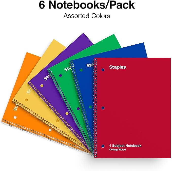 Staples Spiral Notebooks, 1-Subject College Ruled Paper, 8 x 10.5 Inch, 70-Sheets, 6-Pack, Assorted Colors