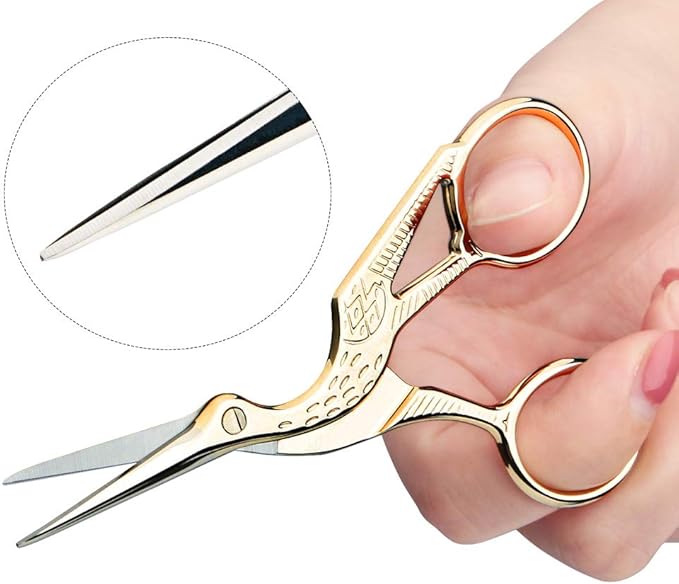 Embroidery Scissors, Stork Scissors for Sewing, Craft, Art Work & Everyday Use, Stainless Steel, 2Pcs, 4.6 inch and 3.7 inch, Gold