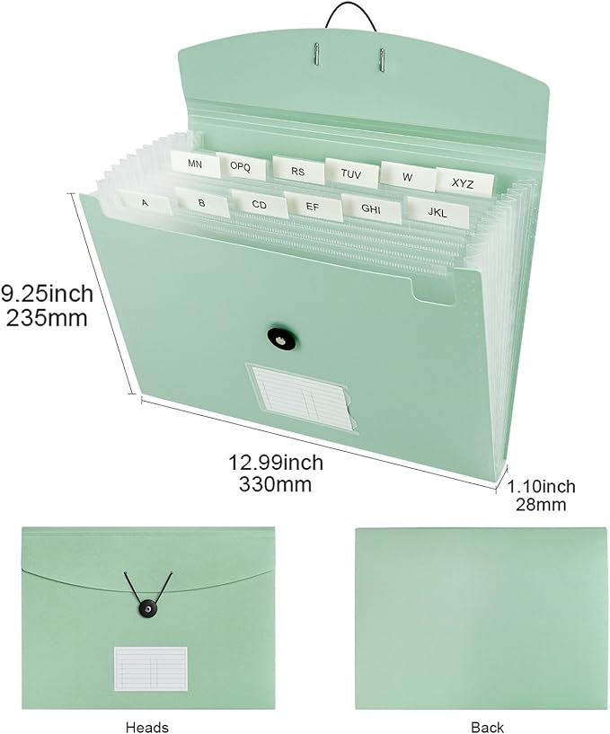 Green Expandable File Folders, Expanding Receipt Organizer, Accordion Folder File Folders, Important Document Organizer, Accordion Folder for Office/School