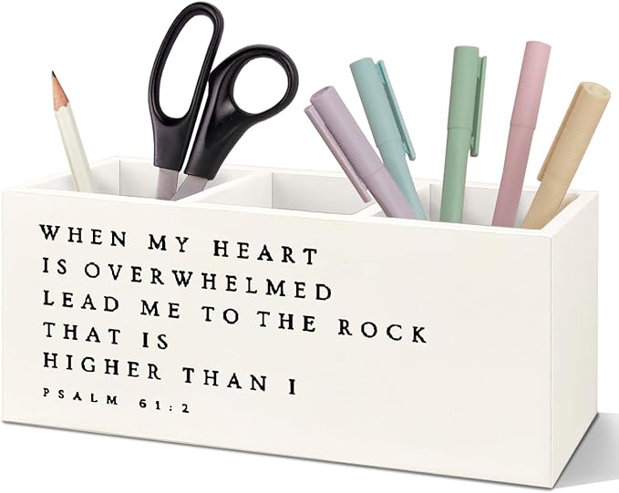 SNNDER Inspirational Christian Pen Holder for Desk, Christian Religious Gifts for Women Men, Psalm 61:2 Bible Verses Wooden Pen Pencil Holder Organizer for Home Office Desk Accessories