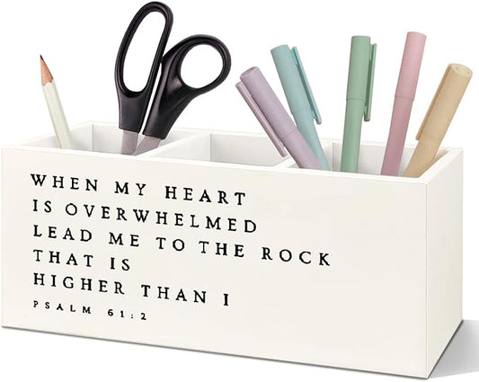 SNNDER Inspirational Christian Pen Holder for Desk, Christian Religious Gifts for Women Men, Psalm 61:2 Bible Verses Wooden Pen Pencil Holder Organizer for Home Office Desk Accessories