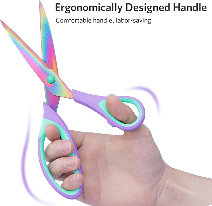 Scissors, Sharp Titanium Coating Blades, Soft Grip Handle, Multi-Purpose Scissors Set of 3 Suitable for Families, Office, and School Use, Purple Green