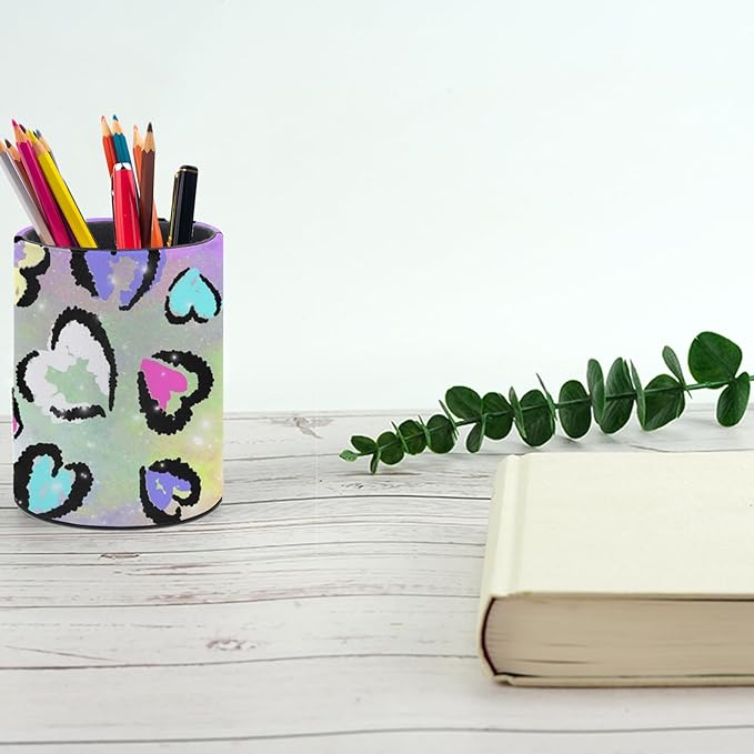Leopard Heart Print Pen Holder Pencil Organizer Cute Pencil Cup Desk Decor Makeup Brush Holder PU Multifunctional Office Suppliesfor Home Classroom School
