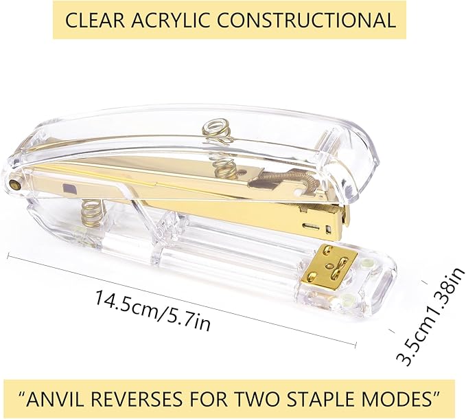 Staplers for Desk, Acrylic Stapler for Office School, Clear Durable Office Stapler (Gold)